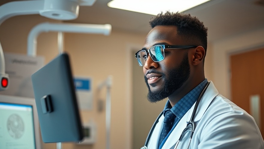 Black male doctor in ICU using telemedicine to enhance critical care technology.