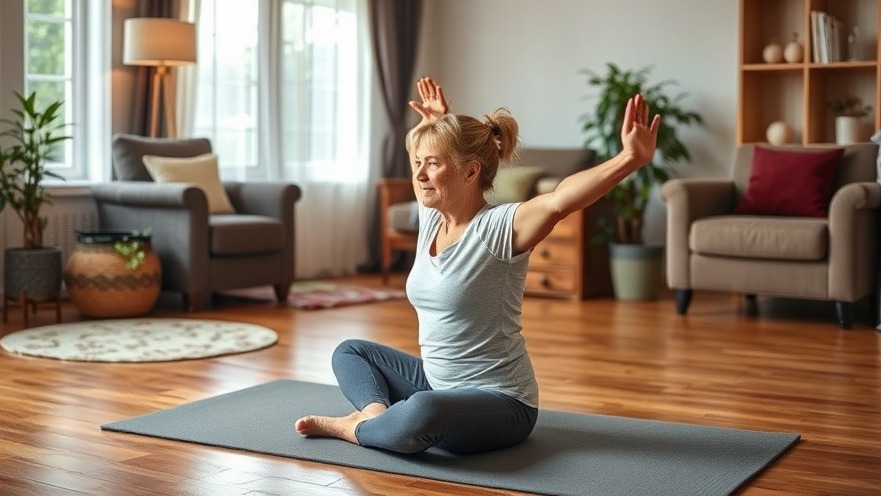 Patient stretching at home in a cozy living room for physical therapy.