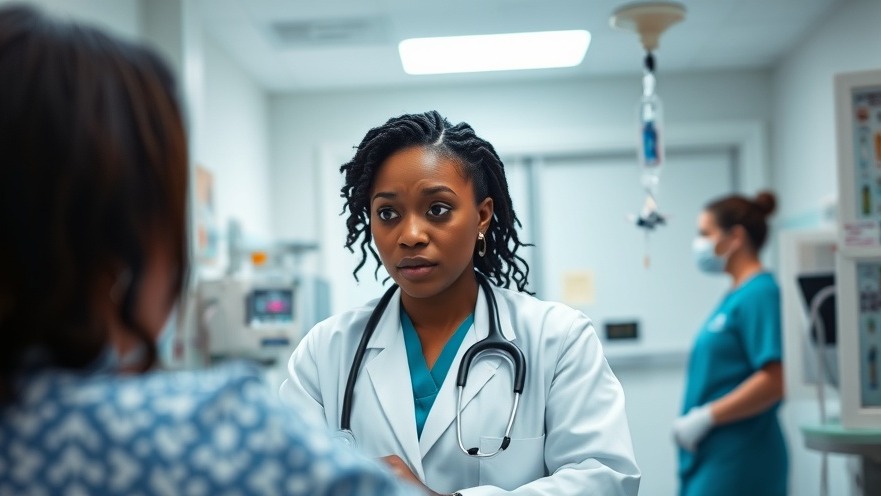 Overwhelmed black female doctor in emergency room, highlighting rural health solutions.