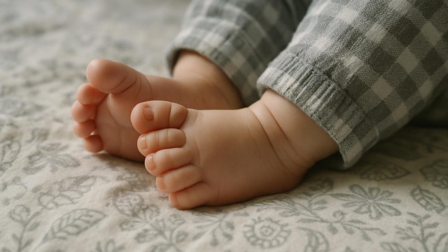 Close-up of adorable baby feet in checkered pajamas, symbolizing sperm quality amidst environmental toxins.