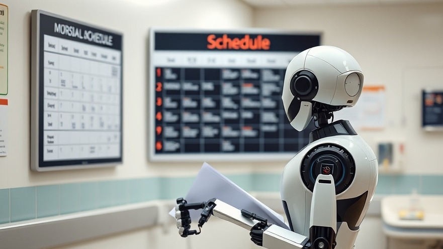 Robot reviewing hospital schedule, showcasing healthcare technology impact.