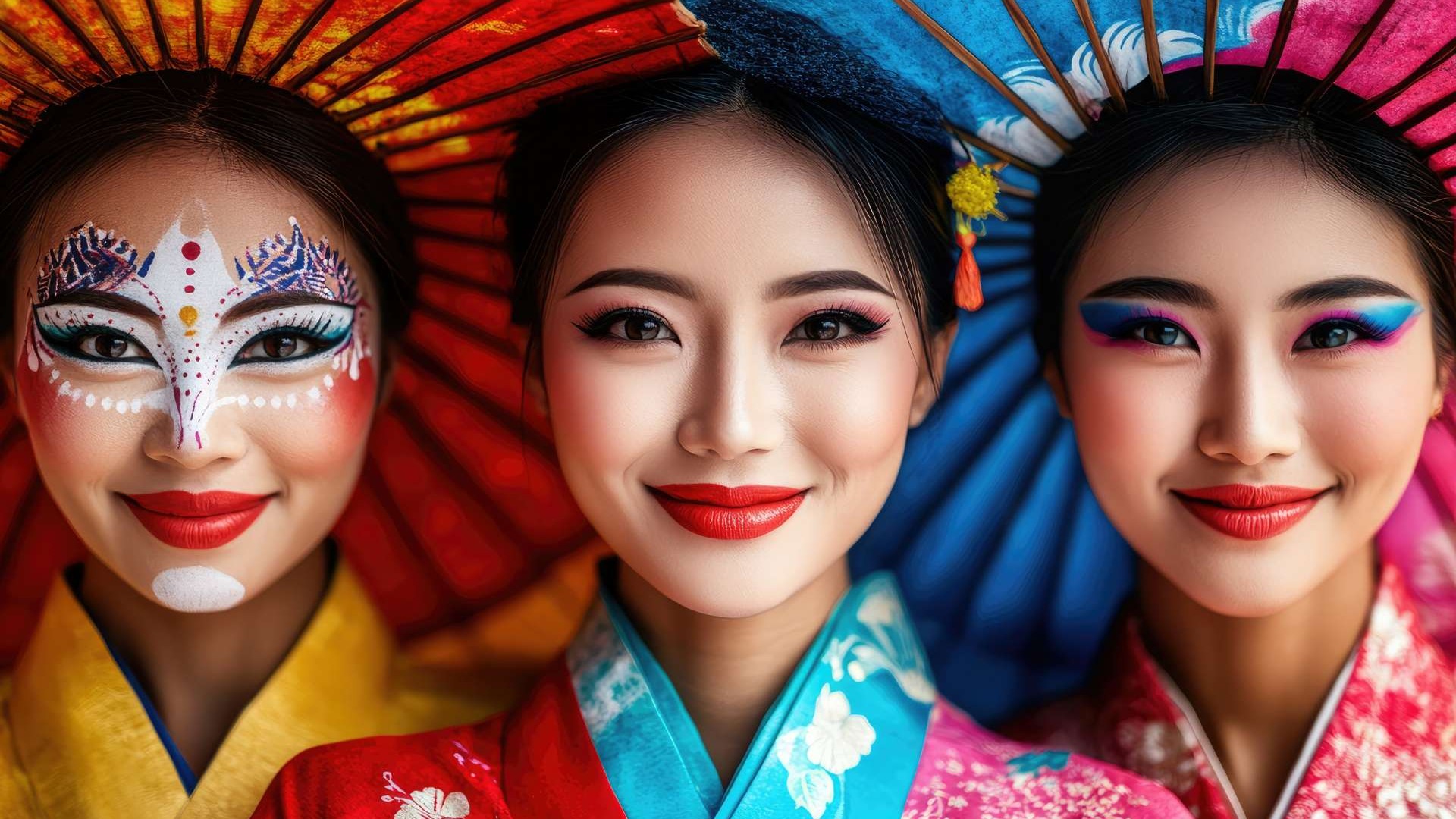 3 geisha's in different makeup from Japan