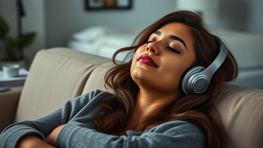 Hispanic woman enjoying spiritual healing through music empowerment on a couch.