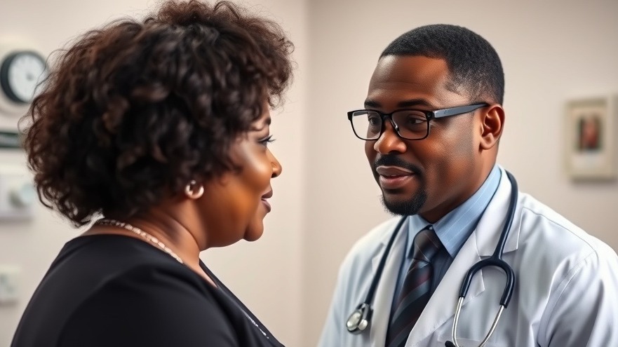 Middle-aged Black woman consulting doctor on semaglutide pricing in exam room.