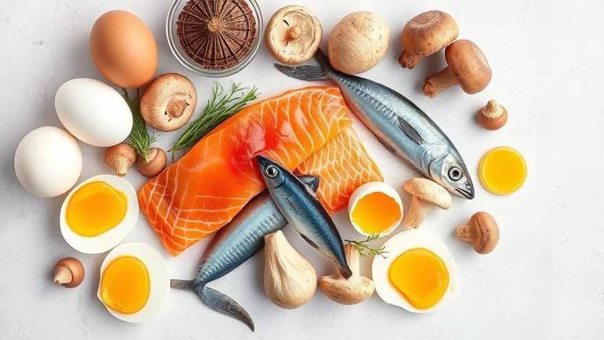 Vitamin D-rich foods for brain health: eggs, salmon, and mushrooms.