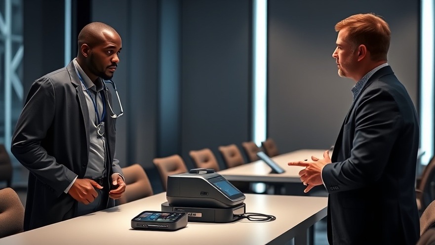 Black doctor discussing health care technology with an investor in a conference room.
