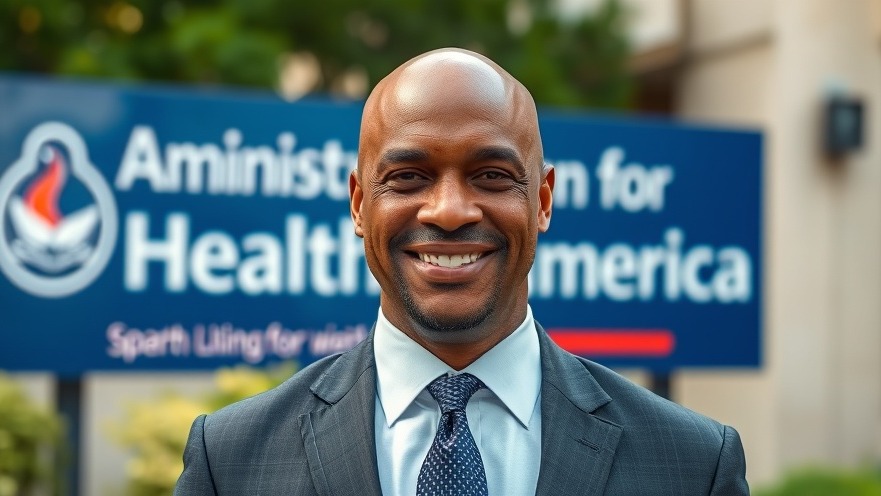 Confident bald man in formal attire promoting community health initiatives outdoors.