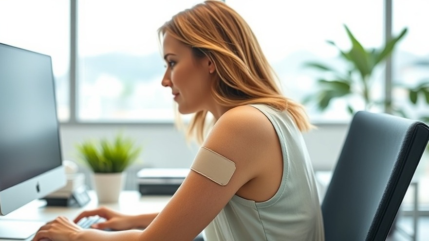 Lady at her office using vitamin patches for health advice while working on her computer.