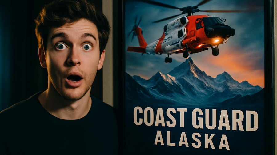Surprised young man near Coast Guard Alaska poster, showcasing emergency response in Arctic setting.
