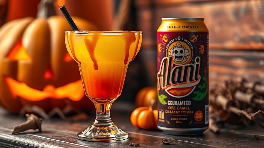 A spooky fall energy drink with caramel drizzle next to a colorful Alani can in a cozy Halloween setting.