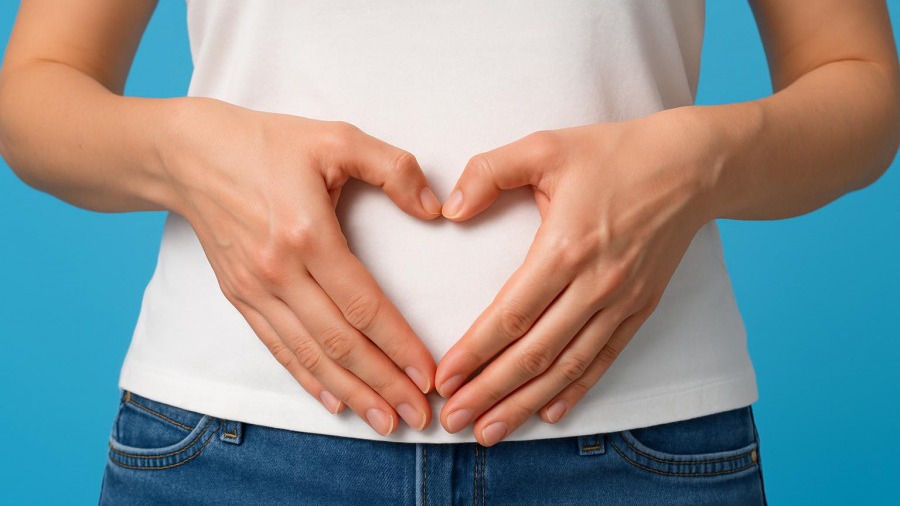 Heart shape hands over stomach symbolize gut health and wellness trends.