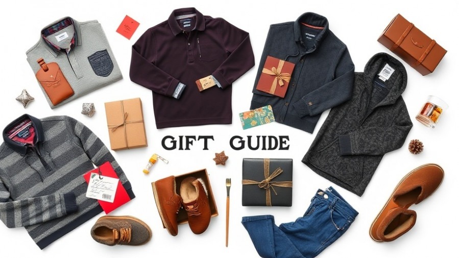 Holiday gift ideas for men: stylish attire and gourmet gifts arranged in a modern layout.