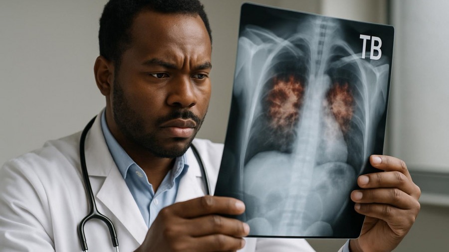 Black doctor analyzes chest X-ray for tuberculosis, highlighting health policy and TB implications.
