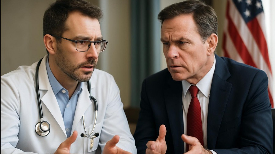 Engaged male doctor and politician discussing health inequity and empathy in medicine.