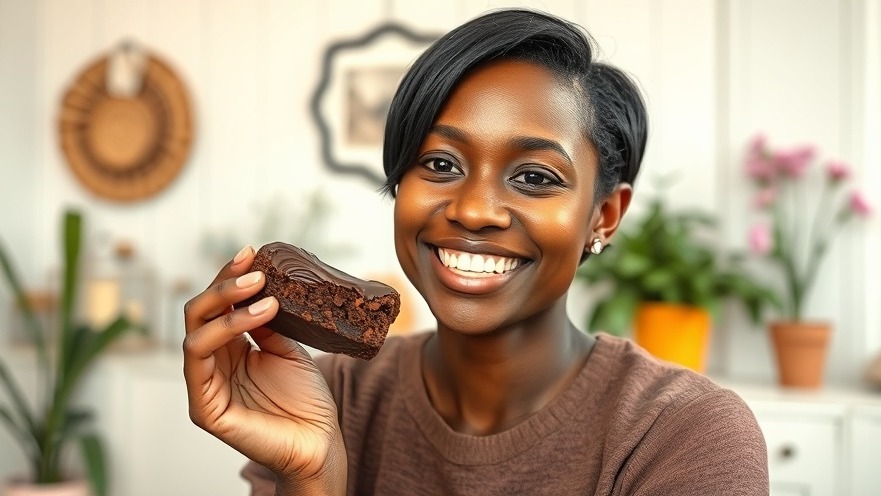 Smiling black woman enjoying a chocolate brownie, embracing food freedom indoors.