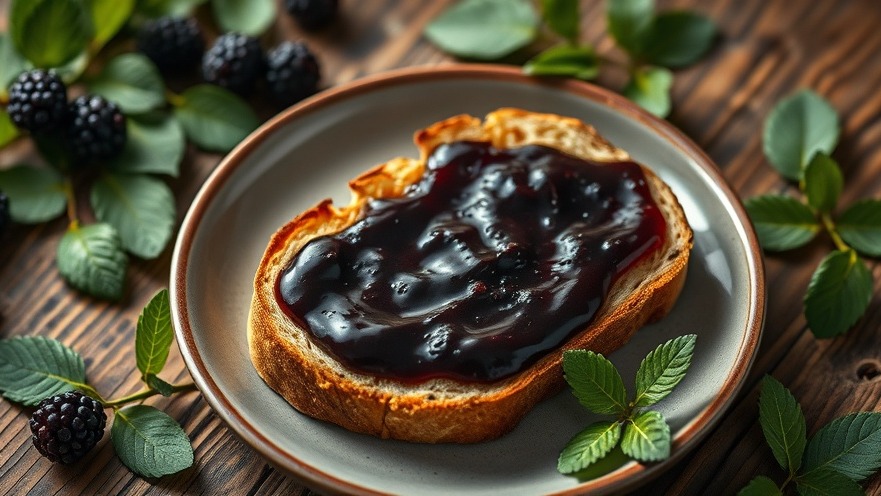 Photorealistic toast with blackberry jam, embodying natural immunity booster vibes.