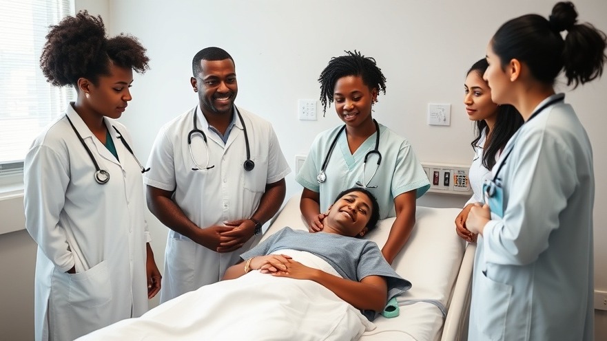 Diverse medical students engaged in healthcare education with a patient and doctor.
