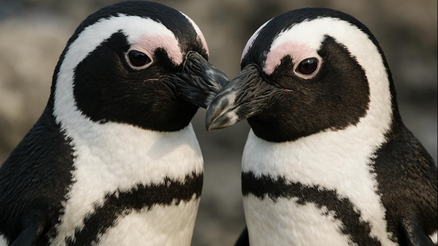 Closeup of black and white African penguins, capturing wildlife experiences and emotional well-being.
