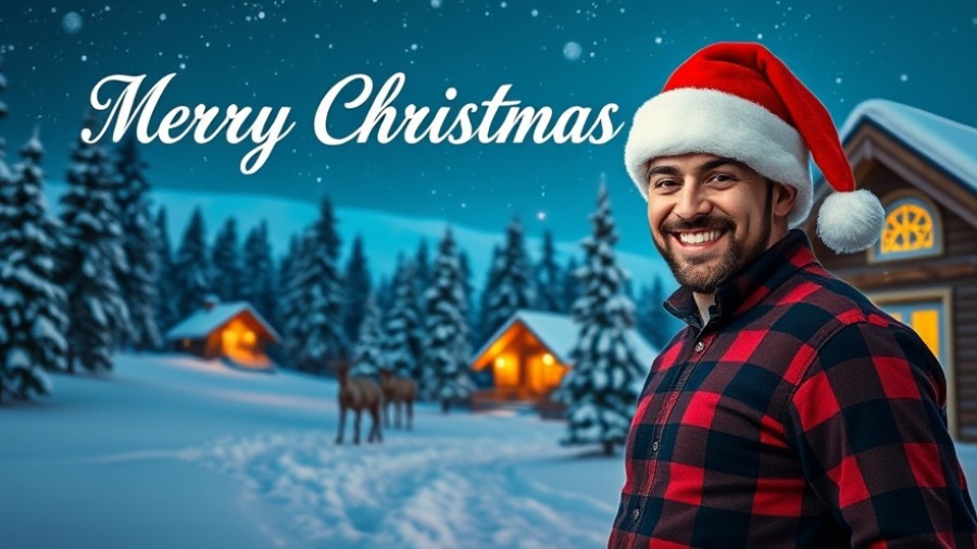 Cheerful man in Santa hat wishes Merry Christmas, showcasing winter wellness gifts.