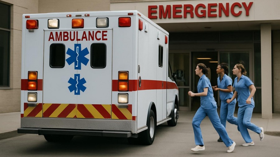 Ambulance arrival at hospital, highlighting access to care for uninsured Americans.