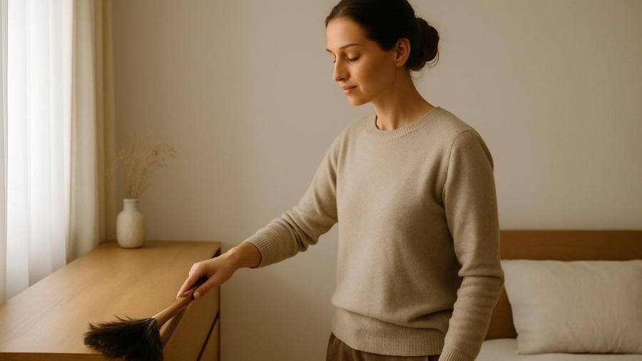 Calm woman dusting furniture in a minimalist bedroom, showcasing decluttering tips for mental well-being.