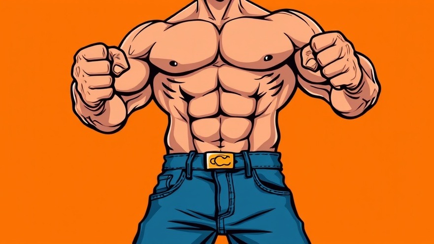 Bold cartoon muscular torso in jeans on orange background, embodying fitness culture and workout motivation.