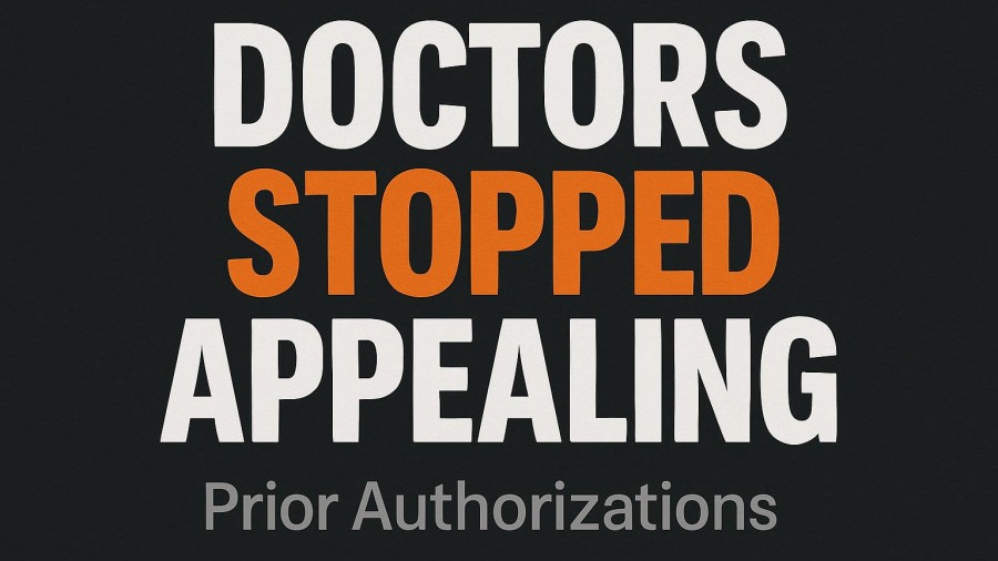 Bold message on healthcare system challenges: 'DOCTORS STOPPED APPEALING' regarding care access.