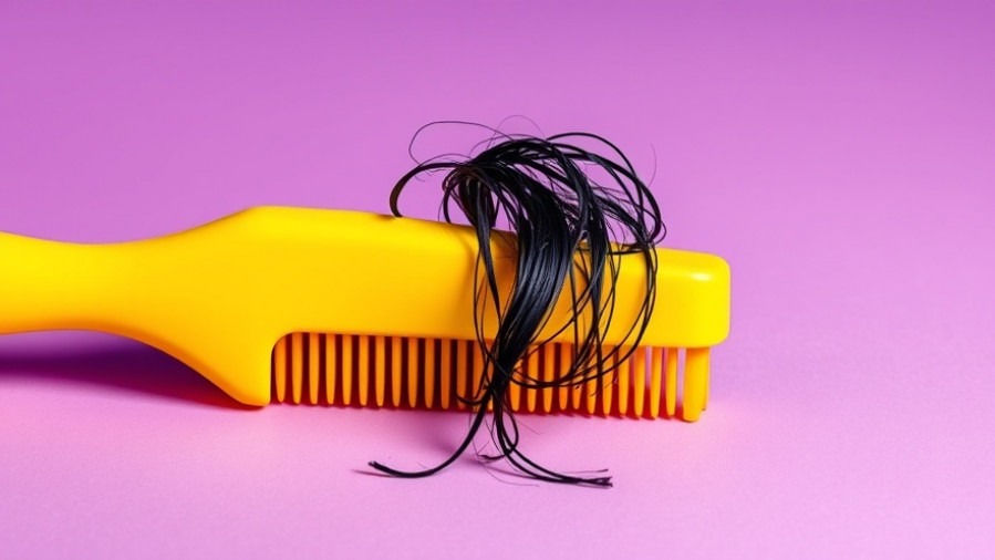 Vibrant yellow hairbrush with tangled black hairs on a purple background, symbolizing hair restoration.