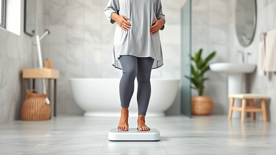 Middle-aged Hispanic woman on scale in modern bathroom, exploring GLP-1 receptor agonists for weight loss.