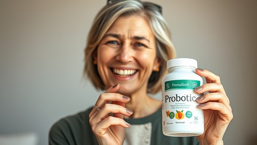 Smiling middle-aged woman with probiotic bottle, embracing women's health and gut microbiome.
