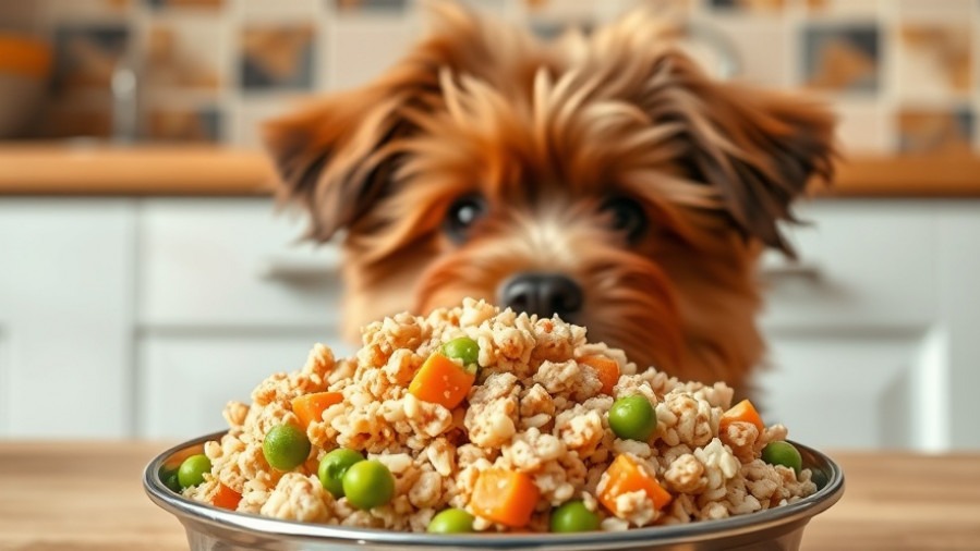Curious fluffy dog eyeing nutritious homemade dog food with turkey, rice, and veggies.
