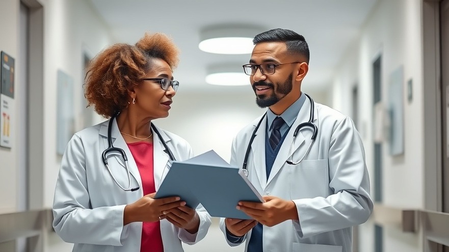 Middle-aged black female doctor exemplifying Health Leadership while mentoring a young doctor.