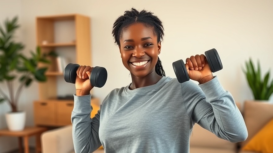 Casual young black woman doing arm curls with weights at home, showcasing best fitness routines.