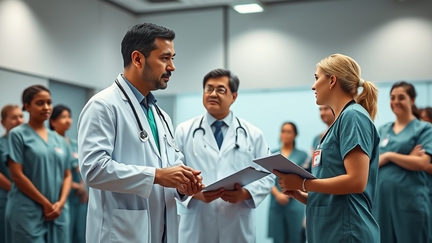 Doctor discussing healthcare hierarchy and teamwork in patient care with nurses.
