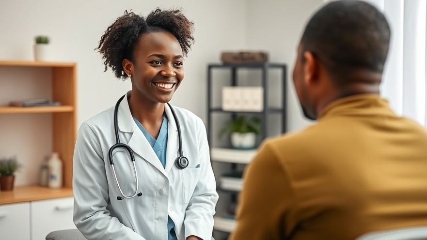 Black female doctor promoting well-being in medicine with a smile in a cozy exam room.