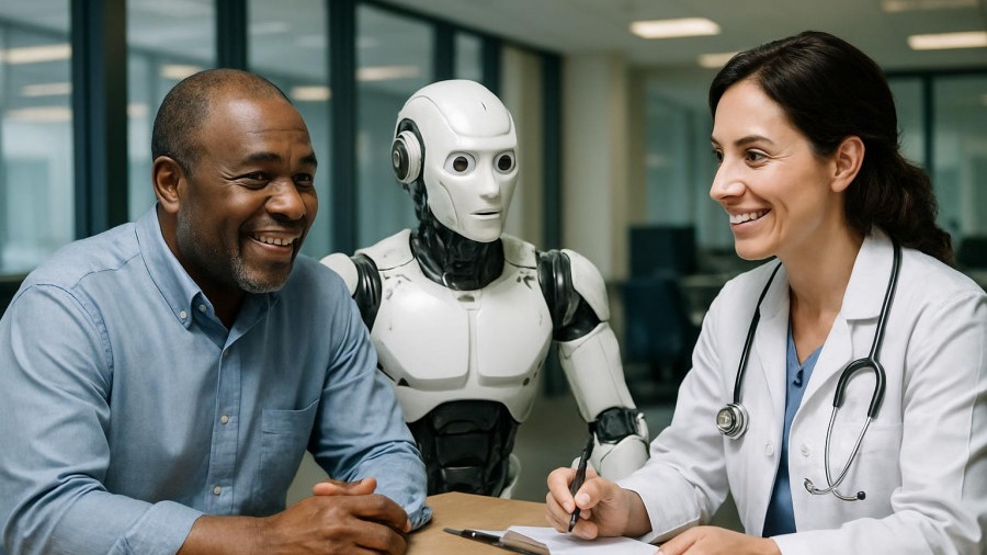 Middle-aged man who has consulted AI receives treatment advice for a medical issues from a friendly female doctor.