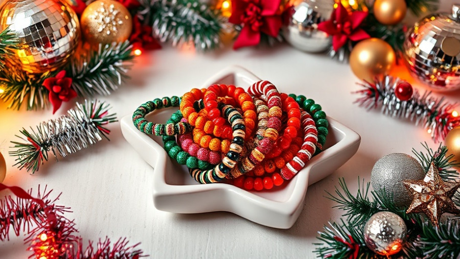 Festive holiday bracelets on a dish with tinsel and disco balls, Holiday Gift Guide 2025.