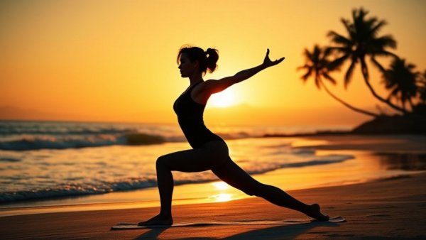 Woman practicing mindfulness on beach at sunrise.