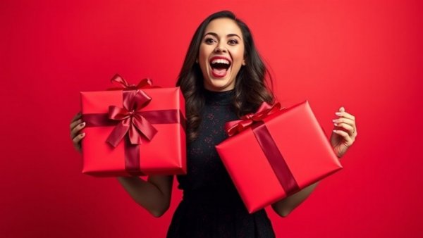 Avara Holiday Collection: excited woman with red gift boxes.