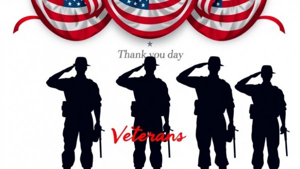 Veterans Day 2025 tribute with soldiers saluting and flags.