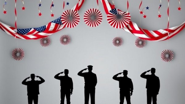 Silhouetted veterans saluting under American flags for Veterans Day 2025.