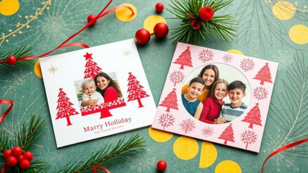 Vibrant holiday card trends 2025 with festive colors and family portraits.