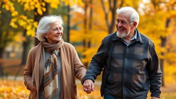 Elderly couple in autumn park enjoying fall colors, Boost Your Mood as Days Get Shorter.