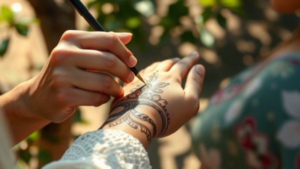 Close-up of henna mindfulness practice on hand with intricate design.