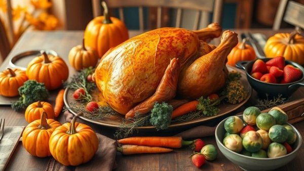 Rustic Thanksgiving with roasted turkey and small pumpkins.