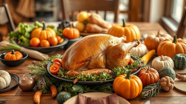 Cozy Thanksgiving table with small turkey and decorations.