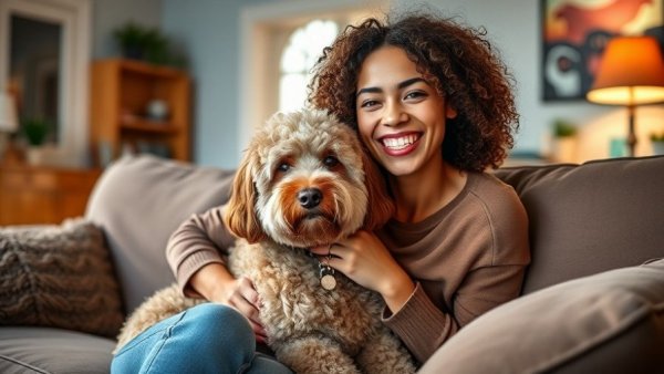 Cheerful woman with dog, cozy couch setting in holiday gift guide for pets.