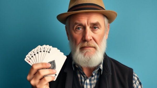 Man with hat holding cards, representing focus and concentration.