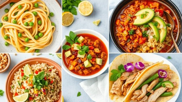 Healthy recipes collage featuring pasta, chili, rice, and tacos.