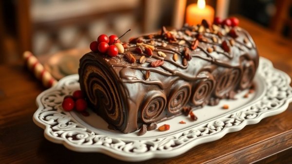 Holiday Desserts for Seniors: Chocolate Yule log with festive garnishing.